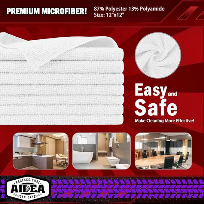 AIDEA Microfiber Cleaning Cloth White 150PK, Microfiber Towels for Cars, Premium Car Cloth, Dusting Cloths Lint Free Cleaning Rags for SUVs, House, Kitchen, Window, Workshops,12×12"