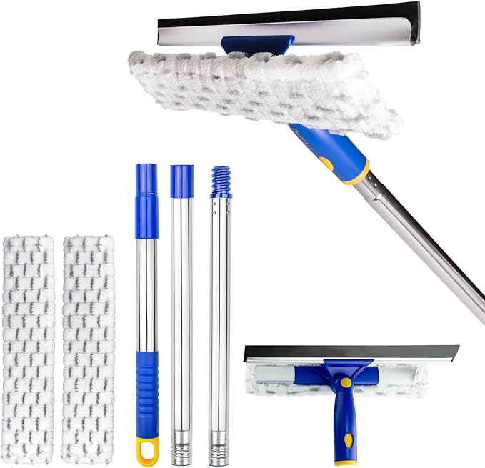 Squeegee for Window Cleaning with Extendable Pole, 53" 2-in-1 Window Cleaning Tool Kit, Shower Squeegee with Long Handle, Indoor/Outdoor High Window Cleaning-Two Pads