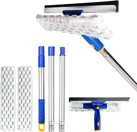 Squeegee for Window Cleaning with Extendable Pole, 53" 2-in-1 Window Cleaning Tool Kit, Shower Squeegee with Long Handle, Indoor/Outdoor High Window Cleaning-Two Pads