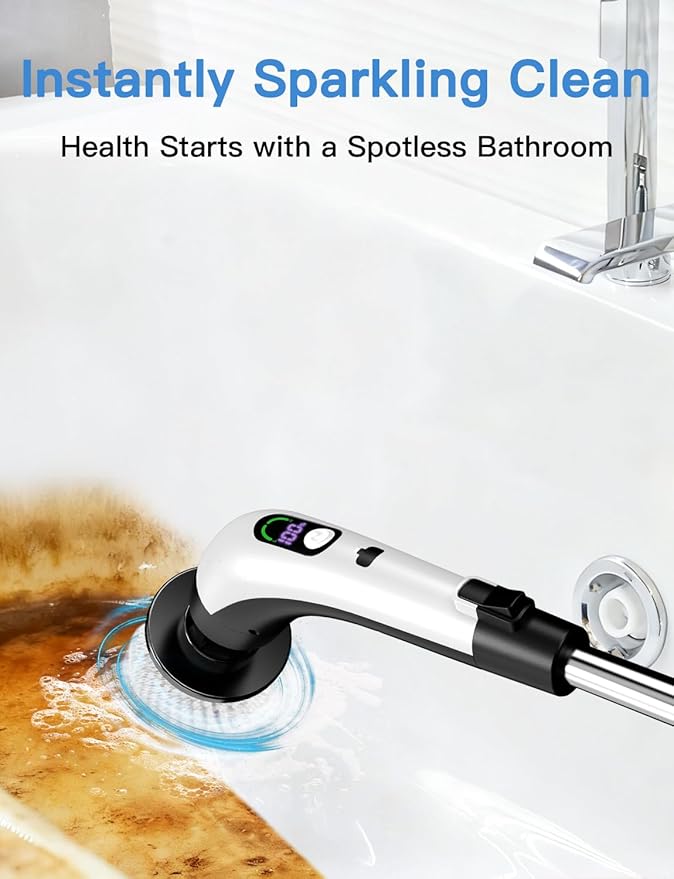 Electric Spin Scrubber with Power LCD Display, Cordless Bathroom Cleaning Brush with Adjustable Extension Handle, 400RPM/Mins, 9 Replaceable Brush Heads, IPX7 Waterproof for Shower, Bathtub, Tile