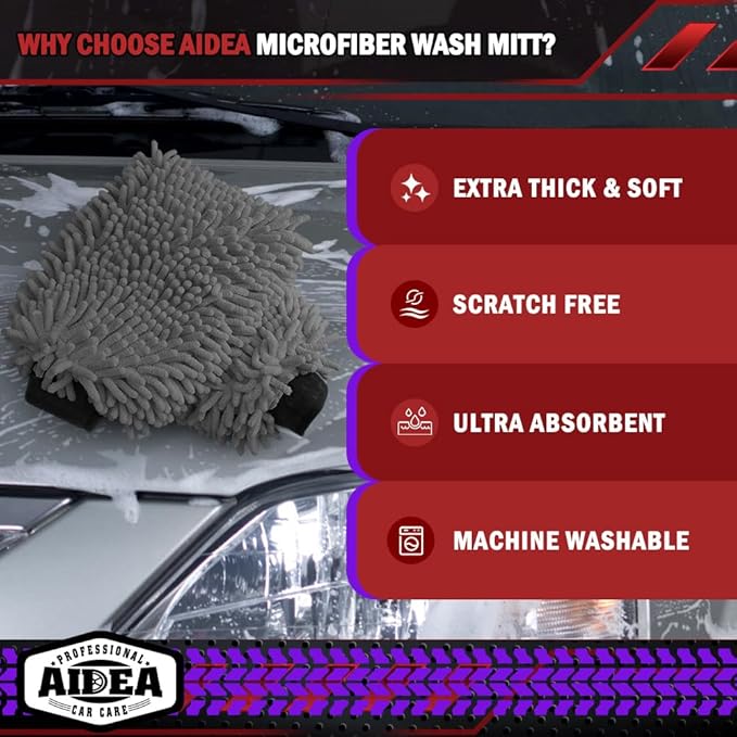 AIDEA Car Wash Mitt Microfiber-2Pack, Scratch-Free& Lint-Free, Premium Chenille Microfiber Wash Mitt-Grey Regular Size (7.12''X10.14'')