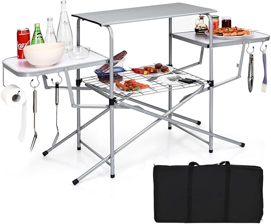 Tangkula Folding Grill Table, Aluminum Camping Kitchen Table with Cook Station, Hooks, Portable Camp Cook Table with Sto