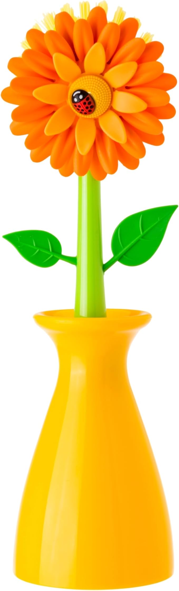 Vigar Flower Power Dish Brush with Handle and Vase Holder - Dish Scrub Brush for Dishes, Kitchen Scrub Brush, Dish Brush with Handle, Sink Cleaning Brush, Pot Scrubber, Dishwashing Brush - Orange