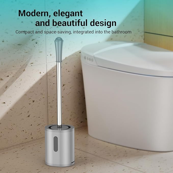 Toilet Brush and Holder Set, 2 Pack with Stainless Steel Handle Toilet Bowl Brush, Compact Toilet Scrubber Brush for Deep Cleaning Bathroom Restroom, Easy to Assemble-Grey