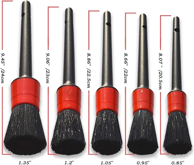 Detailing Brush Set -5 Different Sizes Premium Natural Boar Hair Mixed Fiber Plastic Handle Automotive Detail Brushes for Cleaning Wheels, Engine, Interior, Air Vents, Car, Motorcy