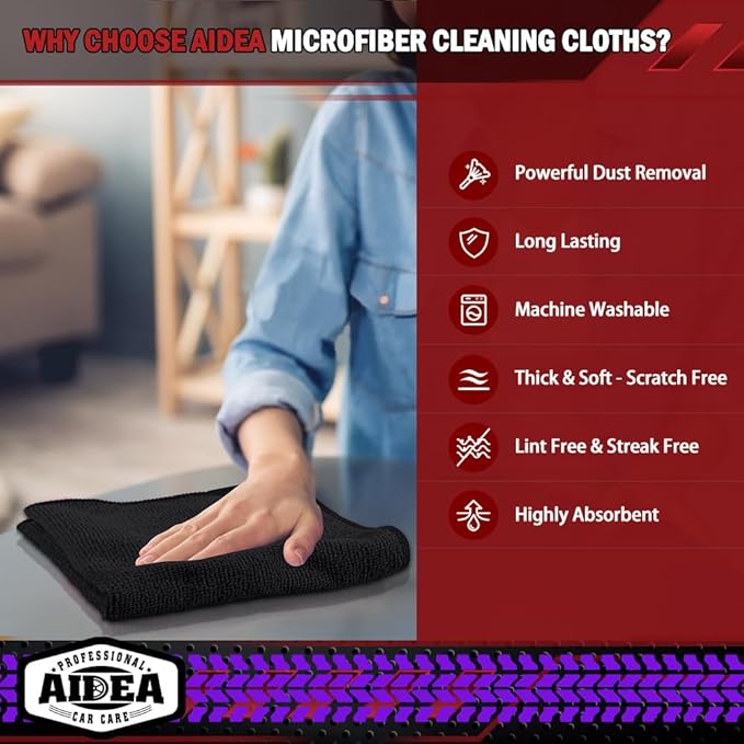 AIDEA Microfiber Cleaning Cloth Black, 800PK, Microfiber Towels for Cars, Shop Towels Cleaning Rags, Premium Wash Cloths, Absorbent Towel for SUVs, House, Kitchen, Commercial, Cleaning Supplies 12×12"