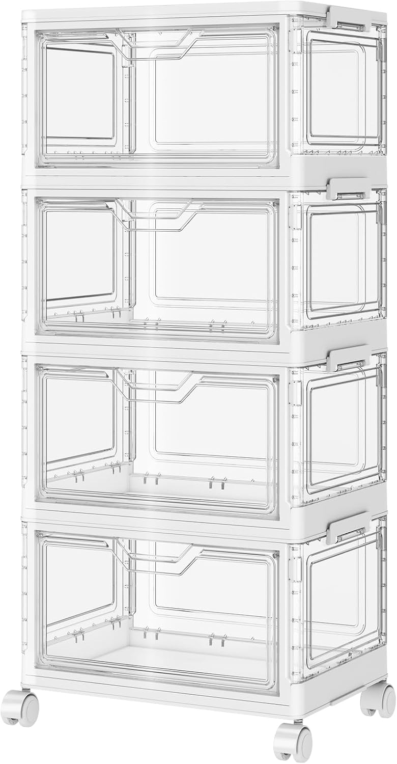 Clear Storage Bins with Lids - 4 Tier 32Qt Plastic Stackable Bins