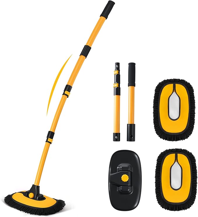 Ordenado 57" Car Wash Brush with Long Handle, 15°Curved Chenille Microfiber Car Wash kit with Extension Pole & Replacement Head, RV Car Cleaning Washer, Scratch-Free Mop for Truck, SUV, Boat