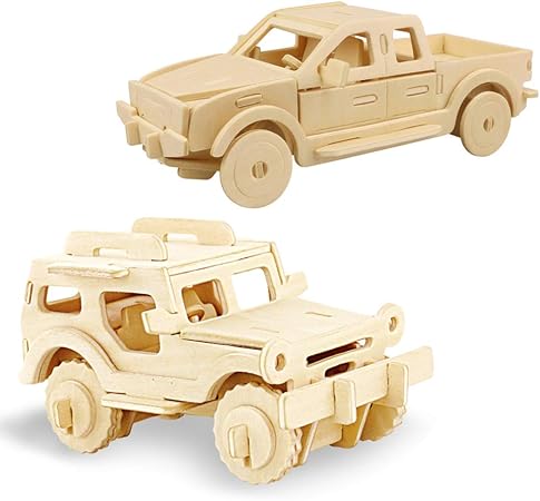 Georgie Porgy 2 Packs 3D Wooden Jigsaw Puzzle Set for Kids, Wooden Car Brain Teaser Puzzles Woodcraft Construction DIY K