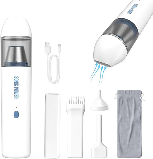 SonicPower Portable Cordless Car Vacuum, 15000Pa High Suction Handheld Vacuum Cleaner, 2-in-1 Vacuum & Blower, with 4 Attachments & Portable Storage Bag for Car, Home, Pet & Office (White & Blue)