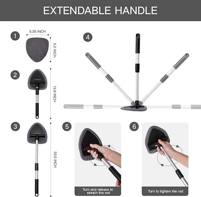 Qydipclin 10pcs Windshield Cleaning Tool Inside Car Window Cleaner Wash Kit with 4 Reusable Microfiber Pads 1 Spray Bottle and Extendable Handle Interior Auto Glass Wiper Kit, Gray