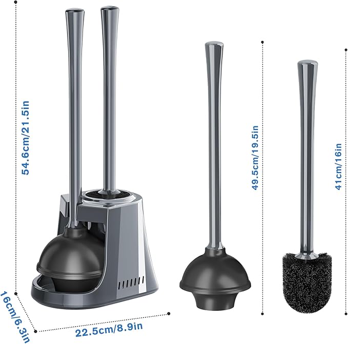 LOVLOY Toilet Plunger and Brush with Holder, Bowl Brush and Heavy Duty Toilet Plunger Set with Ventilated Holder, 2-in-1 Toilet Brush and Plunger Combo for 5.3-inch Toilet Drain New Pack (Grey, 1)