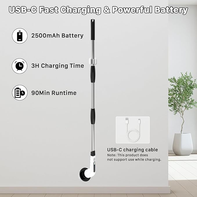 Electric Spin Scrubber, Cordless Cleaning Brush with 7 Replaceable Heads Brush, Power Scrubber with 12 & 54in Extendable Handle, 2 Speed 400RPM Shower Scrubber for Bathroom, Tub, Tile, Floor, Car
