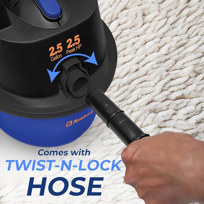 Koblenz Wet Dry Vacuum Cleaner, 2.5 Gallon 2.5 PHP, 60 CFM, 10 ft Reach, TWIST-N-LOCK Hose, Wall Mount, Small Shop Vac, Portable Shop Vac for Home Car Garage, Accessories Included, Blue/Black, WD-2.5L