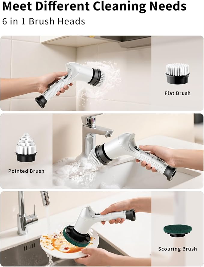 Electric Spin Scrubber, Cordless Household Cleaning Brush with 6 Replaceable Heads, 3 Speeds, LED Display, Lightweight Handheld Power Scrubber for Cleaning Stove/Bowl/Sink/Corner/Tile/Grout-White