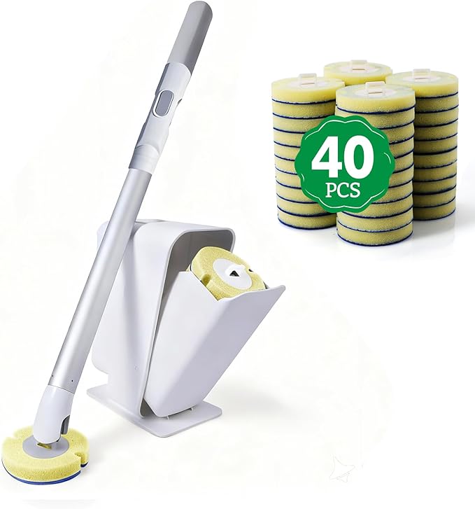 Eyliden Disposable Toilet Brush Kit with 40 Refills, Lightweight Toilet Bowl Wand, Hands-Free Scrubber with Auto-Open Caddy, Perfect for Bathrooms, RVs & Apartments, White