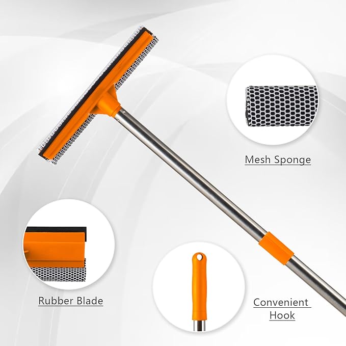 15.9" Window Squeegee with Extension Pole - 2-in-1 Glass Cleaner and Sponge Scrubber for Shower, Car Windshield, Home and Outdoor High Windows with Stainless Steel Handle