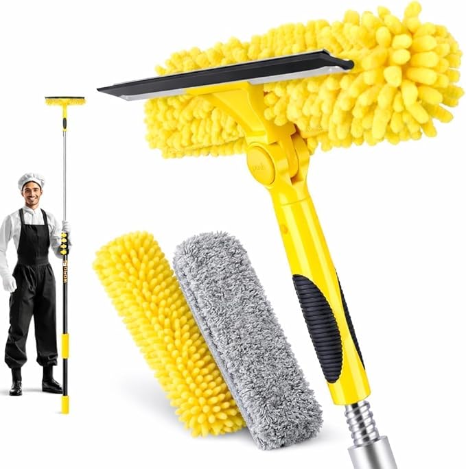 24ft Squeegee Window Cleaner with Extension Pole,2 in 1 Window Cleaning Tool with 5-Stage Telescopic Pole & Rotatable Head,Window Washing Equipment for Solar Panel, RV, Indoor/Outdoor Window,Car Glass
