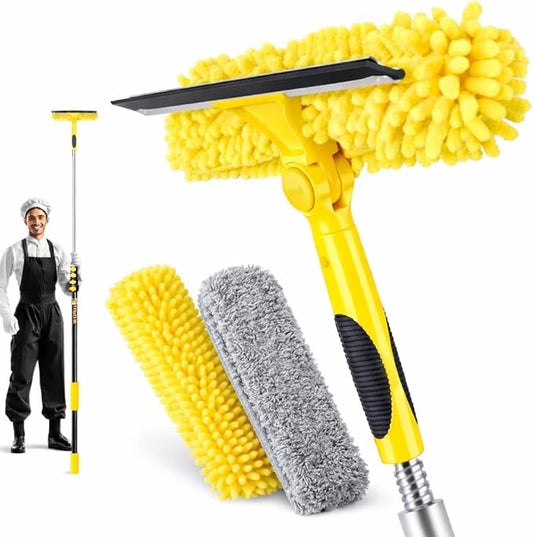 24ft Squeegee Window Cleaner with Extension Pole,2 in 1 Window Cleaning Tool with 5-Stage Telescopic Pole & Rotatable Head,Window Washing Equipment for Solar Panel, RV, Indoor/Outdoor Window,Car Glass