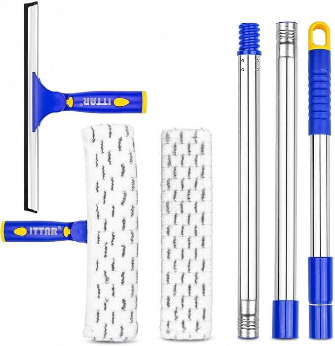 ITTAR Window Squeegee Cleaning Kit with 60 Inch Extension Pole, Glass Cleaner Tool 12" Rubber Blade & 2 Microfiber Pads, Window Washing Equipment for High Windows, Shower Doors, Car Windshield