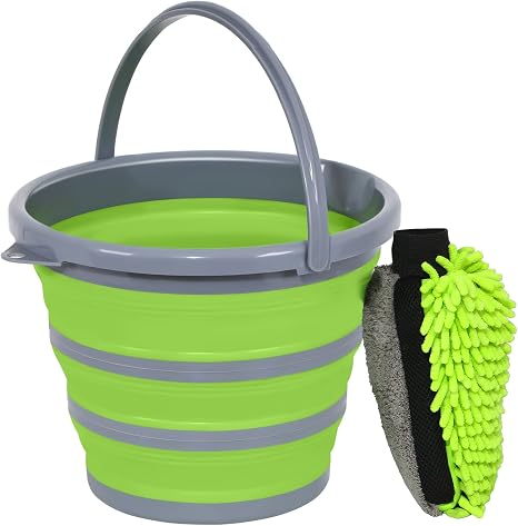 Collapsible Bucket with 3-in-1 Car Wash Mitt, Coral Velvet + Weave + Chenille Microfiber Glove Sponge, 10L (2.6 Gallon) 