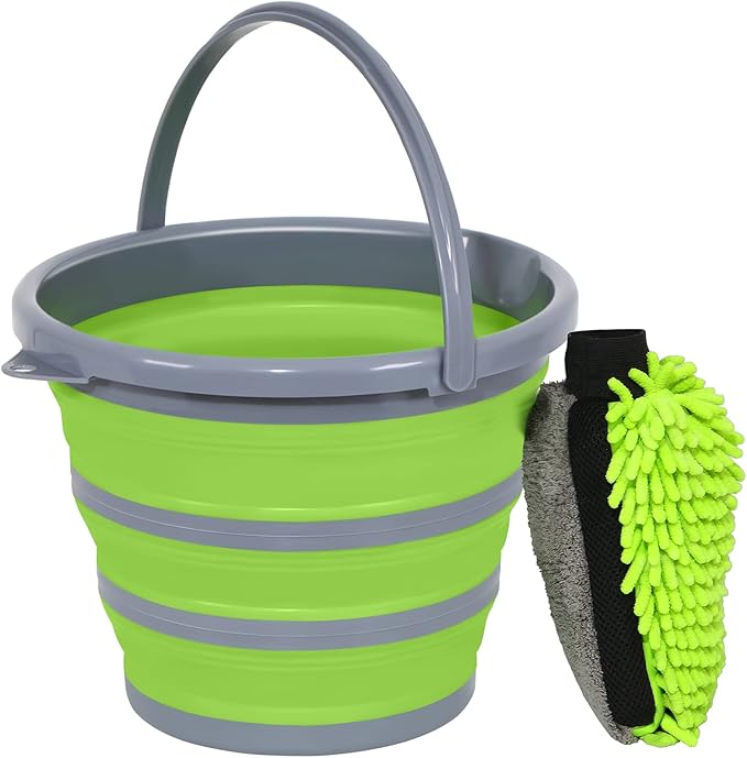 Collapsible Bucket with 3-in-1 Car Wash Mitt, Coral Velvet + Weave + Chenille Microfiber Glove Sponge, 10L (2.6 Gallon) 