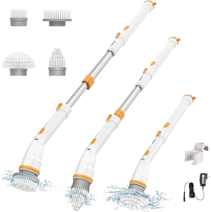 Electric Spin Scrubber, KIKOLIN 380RPM High Speed Power Scrubber, Cordless Cleaning Brush 2 Speeds for Bathroom, Tub, Shower, Floor with 4 Replaceable Brush Heads and Adjustable Extension Long Handle