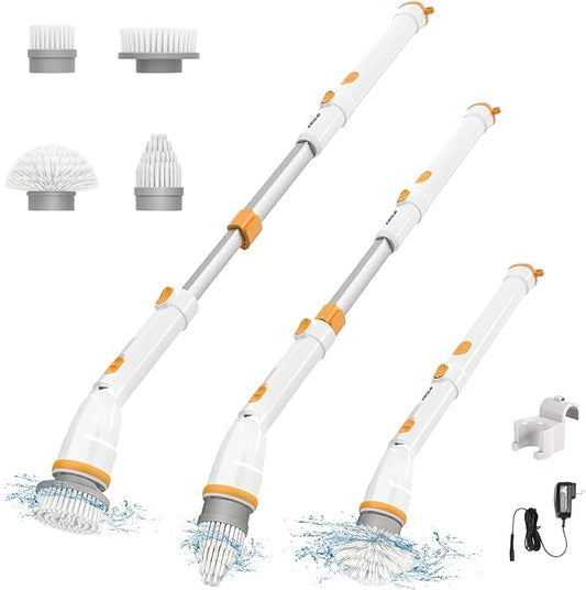 Electric Spin Scrubber, KIKOLIN 380RPM High Speed Power Scrubber, Cordless Cleaning Brush 2 Speeds for Bathroom, Tub, Shower, Floor with 4 Replaceable Brush Heads and Adjustable Extension Long Handle