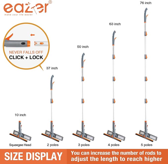 Eazer 3-in-1 Window Squeegee Cleaner, 76'' Spray Window Squeegee with 5-Section Extension Pole, Microfiber and Chenille Cloth, Window Washing Equipment for Indoor/Outdoor Windows, Car Glass
