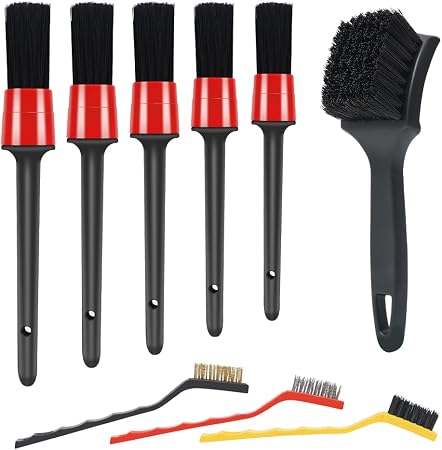 9pcs Detailing Brush Set,Interior Cleaning Brush,Steel Wire & Tire Brush Automotive Cleaning Brush Kit,for Cleaning Engi