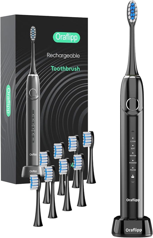 Sonic Electric Toothbrush - 40,000 VPM Power Toothbrush with 5 Modes, Smart Timer & Mode Memory, IPX7 Waterproof, 30 Days Battery Life with Inductive Charger, 8 Brush Head (Black)