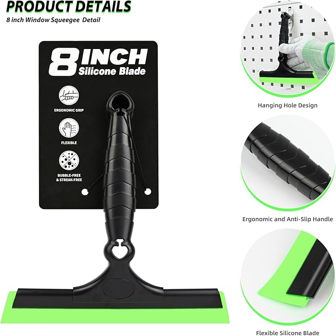 EHDIS 2PCS Flexible 8-Inch Silicone Squeegee Window Tint Tool Auto Water Blade, Shower Squeegee for Car Windshield, Glass, Tiles, and Smooth Surfaces (Green)