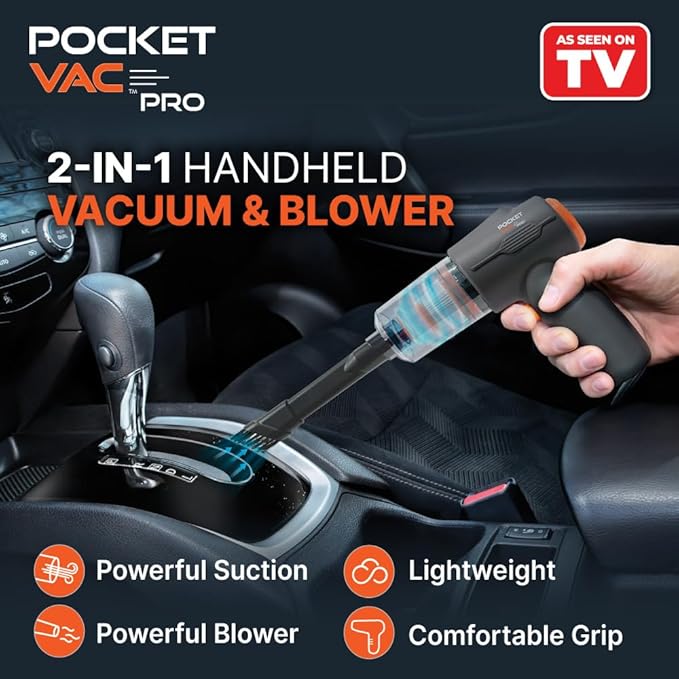 Pocket Vac PRO Handheld Vacuum and Docking Station, Compact Wireless Vacuum Cleaner, Lightweight Powerful for Home Kitchen Car Corner Upholstery Pet Hair Dust Crumbs Cleaning