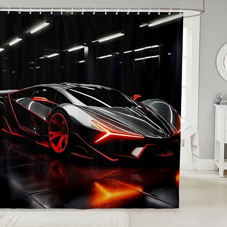 Manfei Neon Racing Car Kids Shower Curtains,Speeding Sports Theme Bathroom Curtains for Boys Men,Modern Extreme Sports G