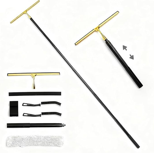 16.7“- 59.5" Long Handle Window Squeegee with Extension Pole, 12.4" Wide Metal Shower Squeegee for Glass Doors, 2-in-1 Squeegee for Home Window Cleaning, Tile Wall, Car (Gold)