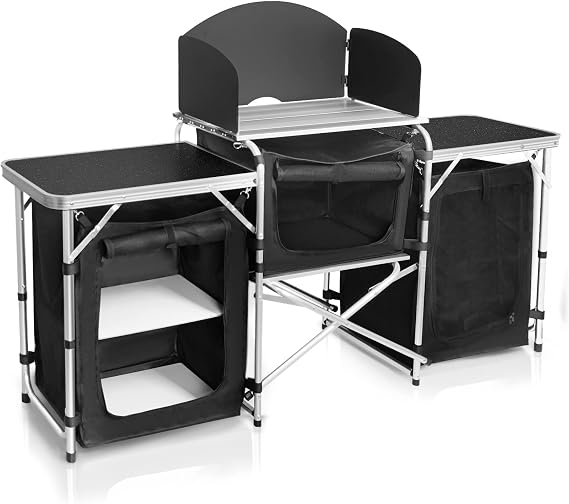 CampLand Folding Camping Kitchen Table with Windscreen,Portable Outdoor Cooking Station with Storage Cabinet & Side Tabl