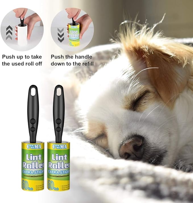 COMMEMA Lint Rollers for Pet Hair Extra Sticky, Pet Hair Remover Set Brush for Dog & Cat Hair Removal, Clothes, Furniture, 2 Handles with 4 Refills, 240 Total Sheets