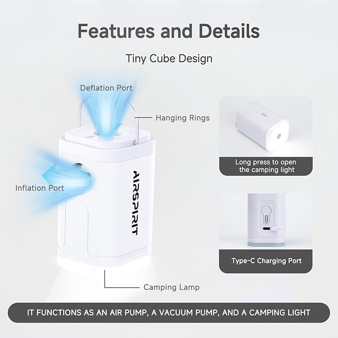 Portable Electric Mini Air Pump for Inflatables-Camping (SOS) Light,5 Universal Nozzles,Carabiner Clip,1200mAh Rechargeable-Fast Inflate/Deflate Pool Float/Air Mattress Bed/Vacuum Bag Home Storage