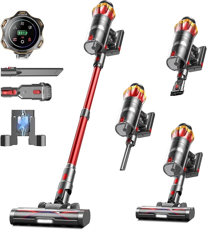 mohomo Cordless Vacuum Cleaner 650W 55KPa Suction, 70Min Runtime Stick Vacuum with Self-Standing, Anti-Tangle Brush, OLED Touch Screen for Hardwood Floor, Carpet, Pet Hair - Red