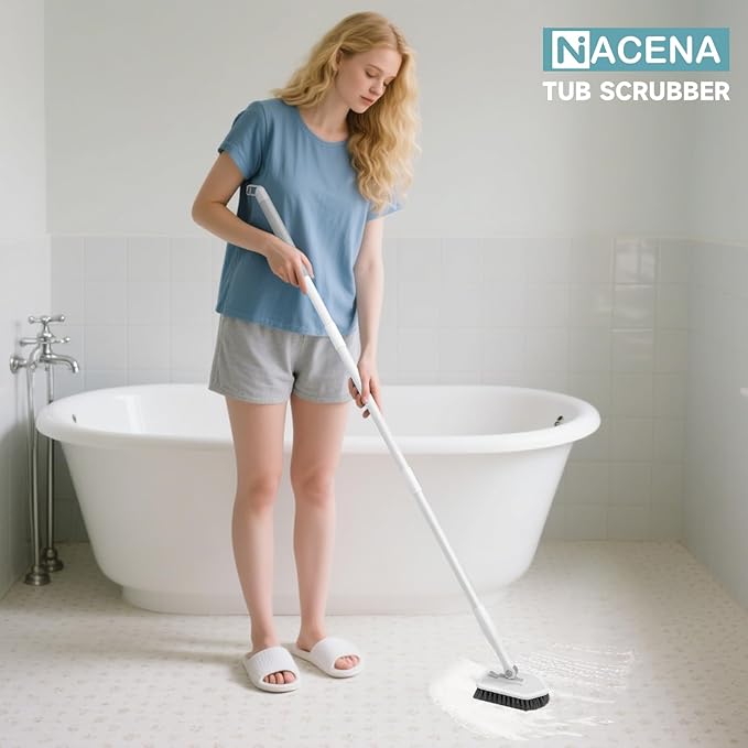nacena Shower Scrubber with Long Handle, 4 in 1 Tile Tub Scrubber Brush with 3 Detachable Cleaning Heads and V-Shaped Grout Brush Shower Cleaner Brush for Bathroom Kitchen Toilet Tub Sink, Grey White