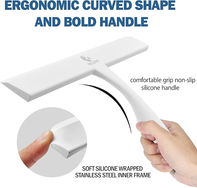 Shower Squeegee for Glass Doors, 11 Inch Ergonomics Anti-Rust Silicone Squeegee with Stainless Steel Frame for Shower Glass Door, Mirrors, Tiles and Windows Cleaning, White