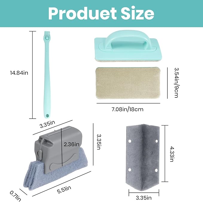 Window Screen Cleaner & Track Cleaning Kit – Mesh Screen Cleaning Brush + 3 Groove Brushes & 6 Replacement Cleaning Cloths – 14.8″ Detachable Long-Reach Handle, Wet & Dry Dual-Use