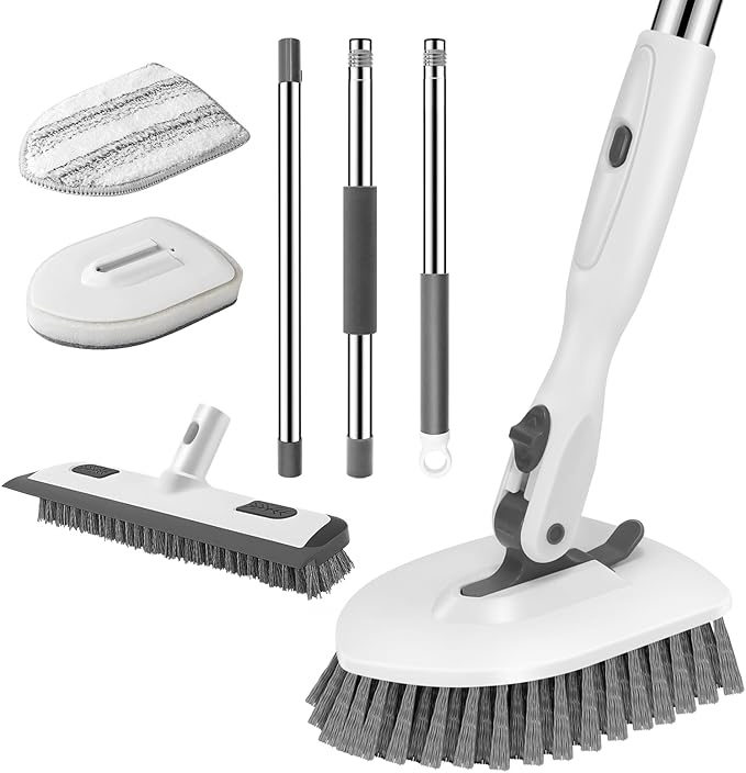 SetSail 4-in-1 Tile Tub Floor Scrubber with 52-inch Adjustable Long Handle Shower Cleaner Brush Comes with Floor Scrub Brush and 3 Replacement Brush Heads for Cleaning Bathroom Tub Tile, White Grey