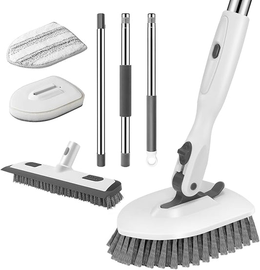 SetSail 4-in-1 Tile Tub Floor Scrubber with 52-inch Adjustable Long Handle Shower Cleaner Brush Comes with Floor Scrub Brush and 3 Replacement Brush Heads for Cleaning Bathroom Tub Tile, White Grey