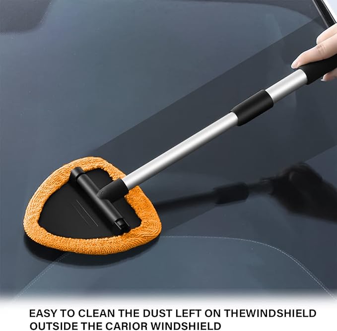 Windshield Cleaning Tool, Car Window Cleaner with 4 Washable Reusable Microfiber Pads, Extendable Long Handle Glass Wiper Cleaning Kit, Auto Accessories Universal for Office and Home (Orange)