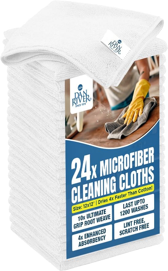 DAN RIVER 24-Pack White Microfiber Towels – Ultra Absorbent, Lint Free Towels & Streak-Free for Home, Car & Kitchen - Mu