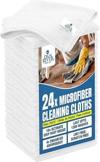 DAN RIVER 24-Pack White Microfiber Towels – Ultra Absorbent, Lint Free Towels & Streak-Free for Home, Car & Kitchen - Mu