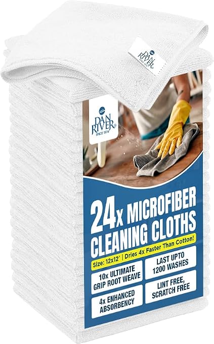DAN RIVER 24-Pack White Microfiber Towels – Ultra Absorbent, Lint Free Towels & Streak-Free for Home, Car & Kitchen - Mu