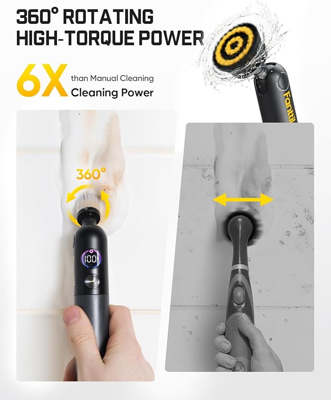 Fanttik Flip G10 Nano HomeCare Cordless Electric Spin Scrubber, 360° High-Torque Rotation, 2-Speed & 3-Angle, IPX7 Waterproof Cleaning Brush with 15 Brush Heads for Grout, Tiles, Sinks, Crevices