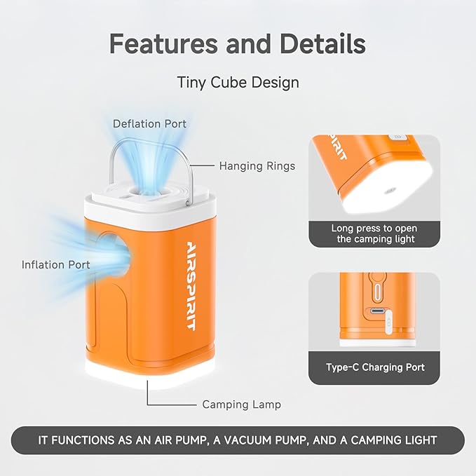 Portable Electric Mini Air Pump for Inflatables 2400mAh Rechargeable-Camping (SOS) Light,5 Universal Nozzles,Carabiner Clip-Fast Inflate/Deflate Pool Float/Air Mattress Bed/Vacuum Bag Home Storage